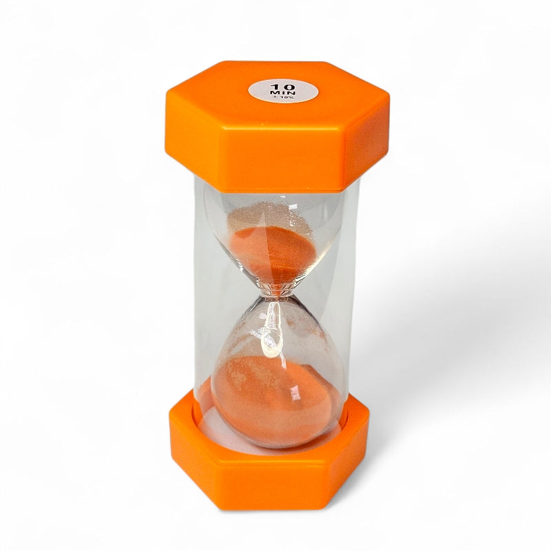 Orange hourglass with a 10-minute timer on a white background
