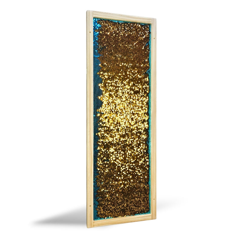 Decorative panel with gold and blue glitter in a wooden frame on a white background