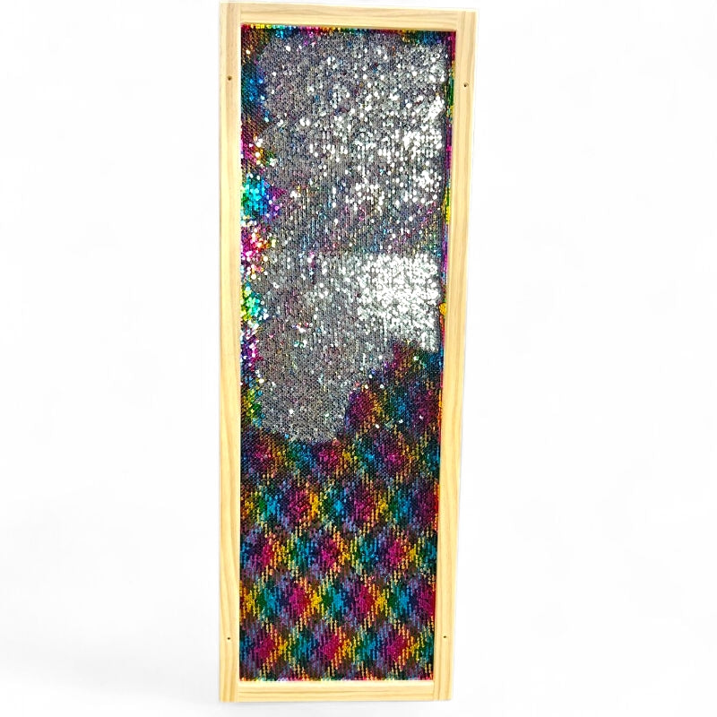 Decorative panel with multicolored pattern and metallic finish on a white background