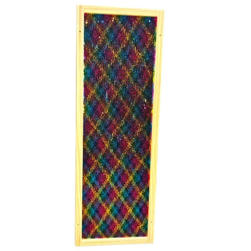 Colorful patterned board with wooden frame on a white background