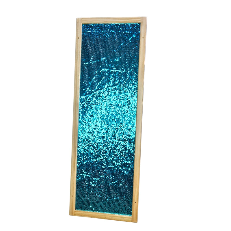 Rectangular blue glittery panel with a wooden frame on a white background