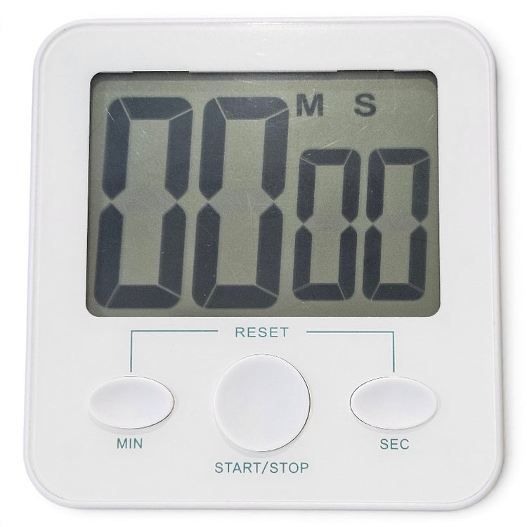 Front view of the white Jumbo Timer showing a large 00:00 display and minute, start-stop and second buttons.