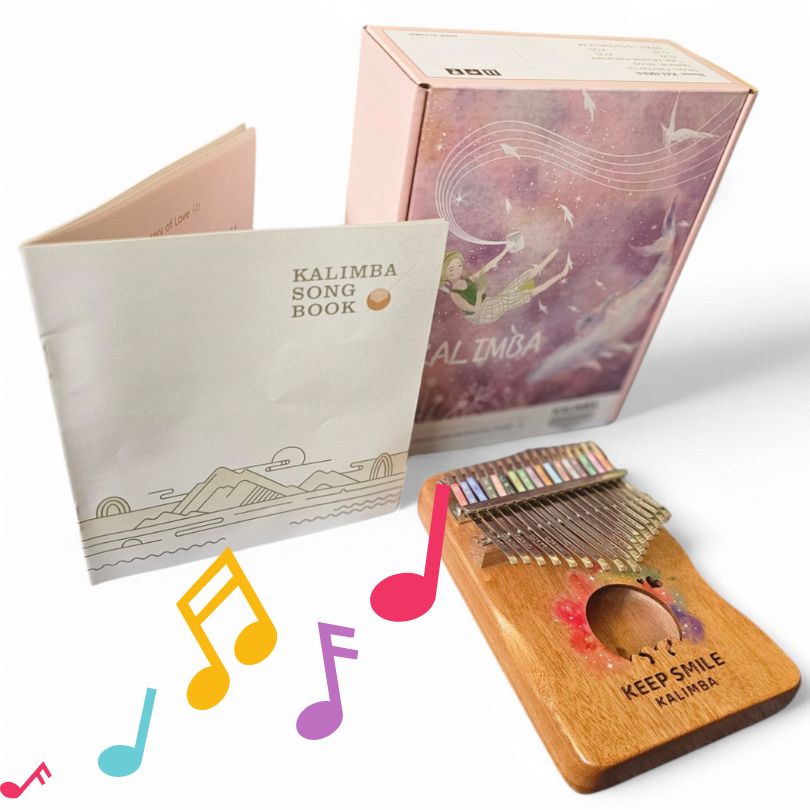 A Kalimba thumb piano with 17 keys, made of wood and metal, displayed next to its packaging box which has &