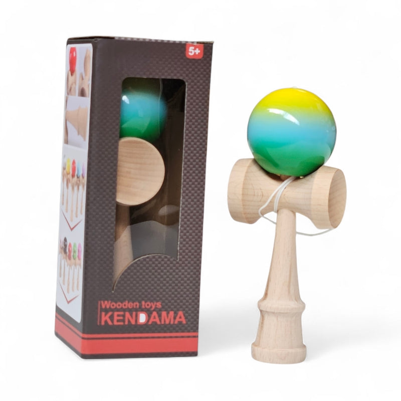Colorful Kendama toy next to its packaging on a white background