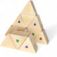 Wooden triangular pieces from the Kidpik Weight Memory Game stacked in a pyramid.