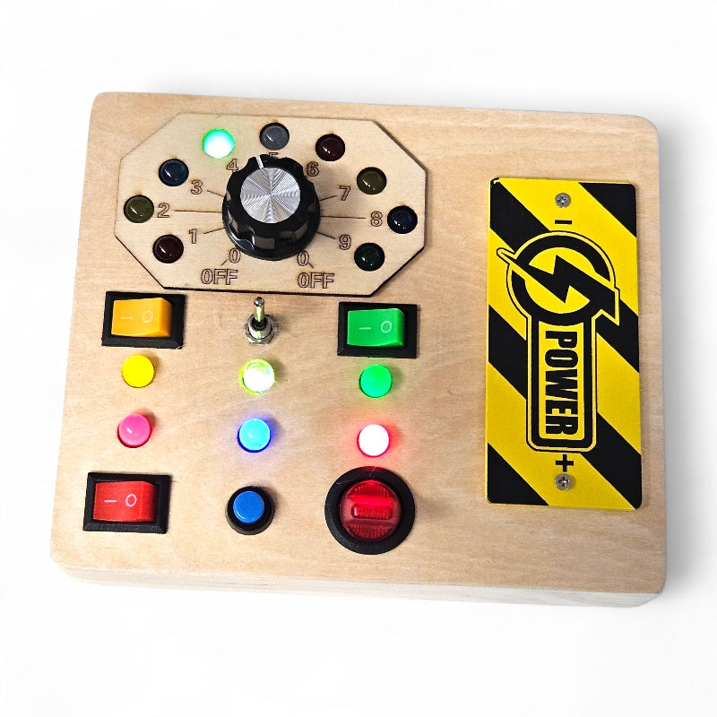 Control panel with various buttons and lights on a wooden board, featuring a &