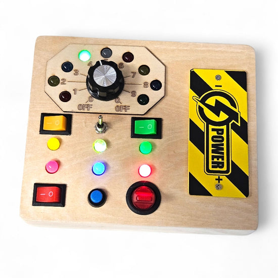 Control panel with various buttons and lights on a wooden board, featuring a &