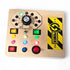 Control panel with various buttons and lights on a wooden board, featuring a &