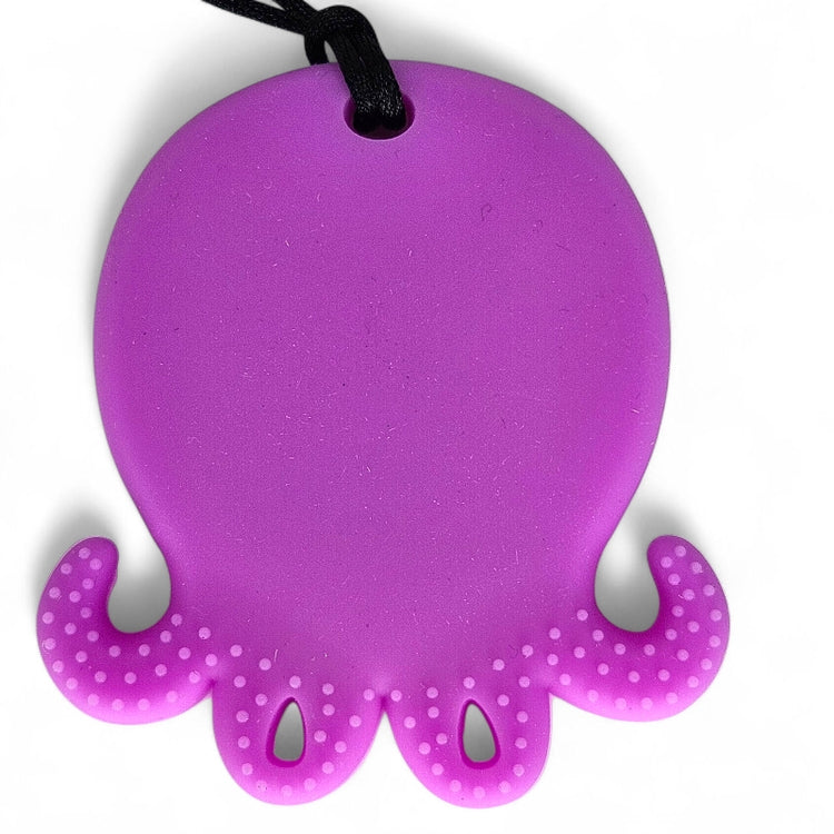 Purple octopus-shaped teething toy with a black string on a white background
