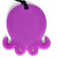 Purple octopus-shaped teething toy with a black string on a white background