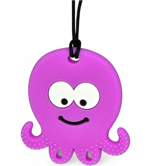 Purple octopus-shaped keychain with a black cord on a white background