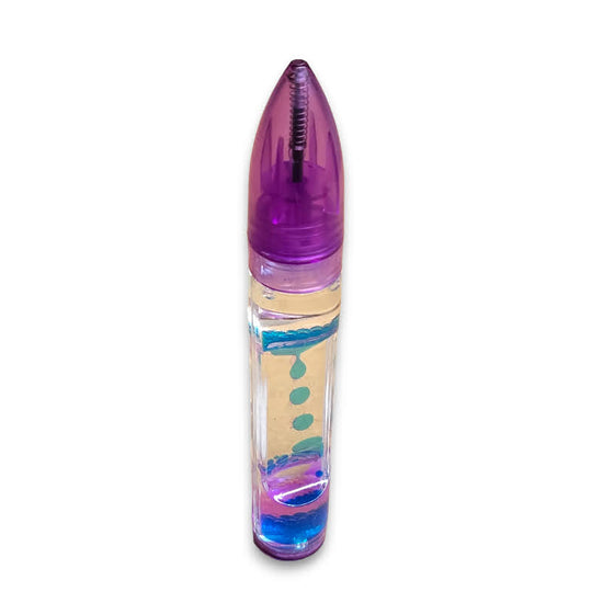 A purple liquid bubble pen toy with a black ball point pen partially extended and a clear body filled with liquid.