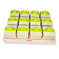 Wooden building blocks with green pieces on a white background, brand &
