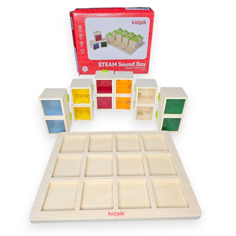 Wooden STEAM sound box set by Kidpik with colorful blocks and a red packaging box on a white background.