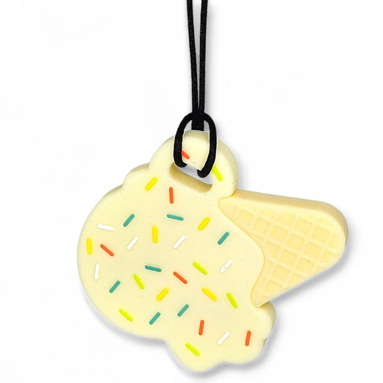 Yellow ice cream cone-shaped pendant with colorful sprinkles on a white background