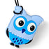 Blue owl-shaped keychain on a white background