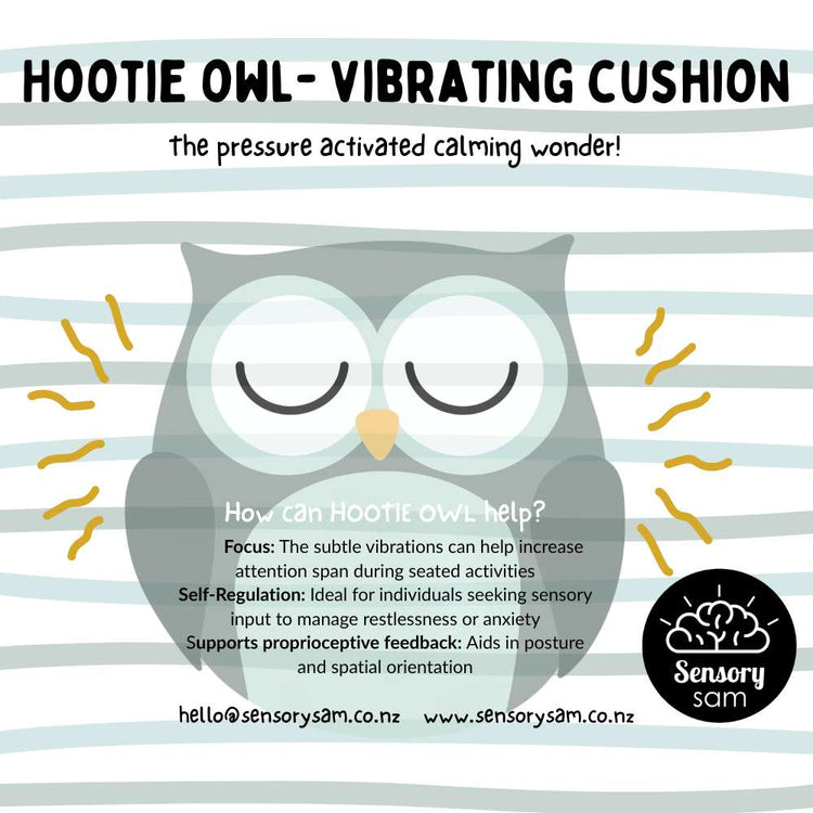 Advertisement for Hootie Owl vibrating cushion with owl graphic and text on a light blue background.