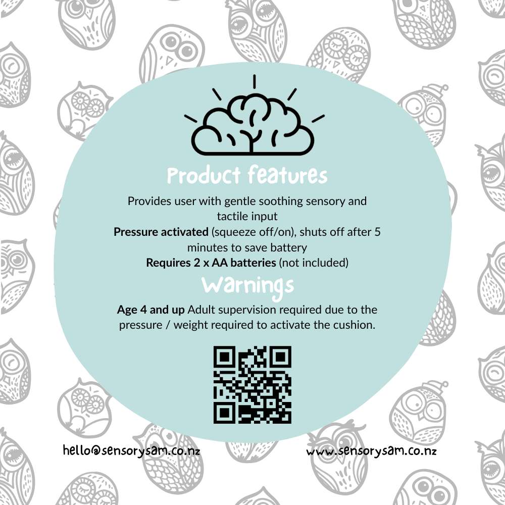 Product features label with a brain icon on a light blue circle, surrounded by owl illustrations.