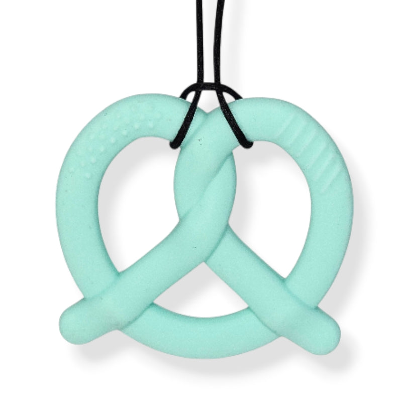 Teal silicone necklace with a unique design on a white background