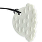 White ceramic leaf-shaped pendant on a black cord against a white background