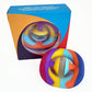 Colorful spiral object with packaging on a white background