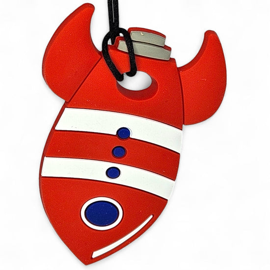Red and white lobster-shaped keychain with blue accents on a white background