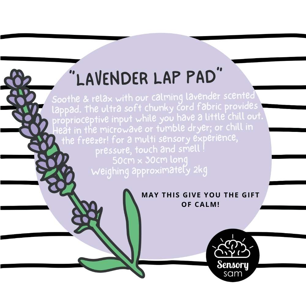 Lavender lap pad packaging with lavender illustration and product description.