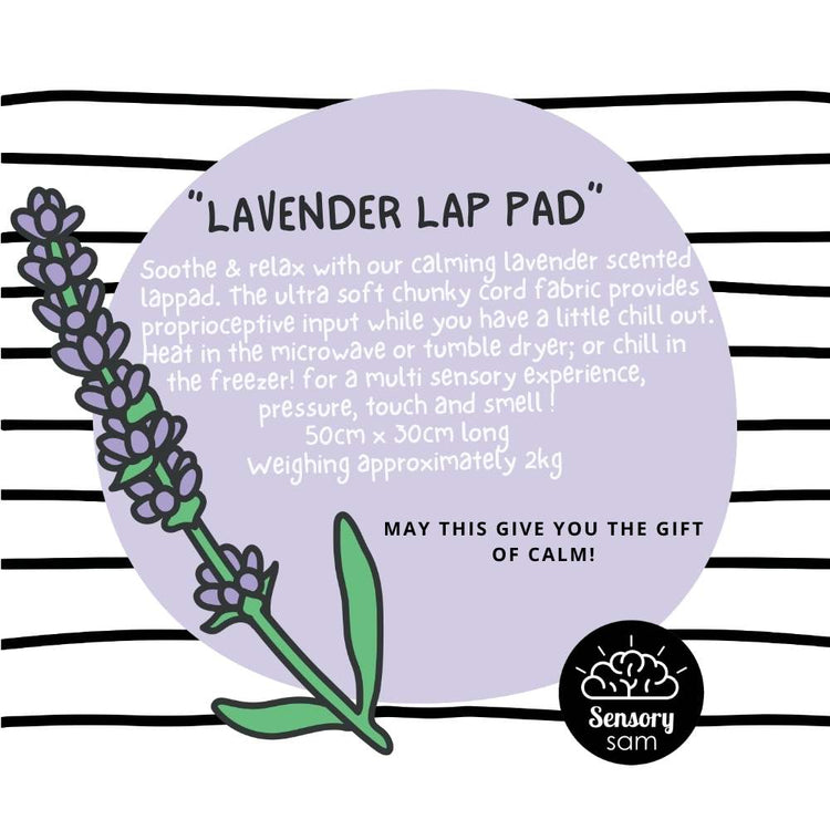 Lavender lap pad packaging with lavender illustration and product description.