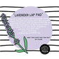 Lavender lap pad packaging with lavender illustration and product description.