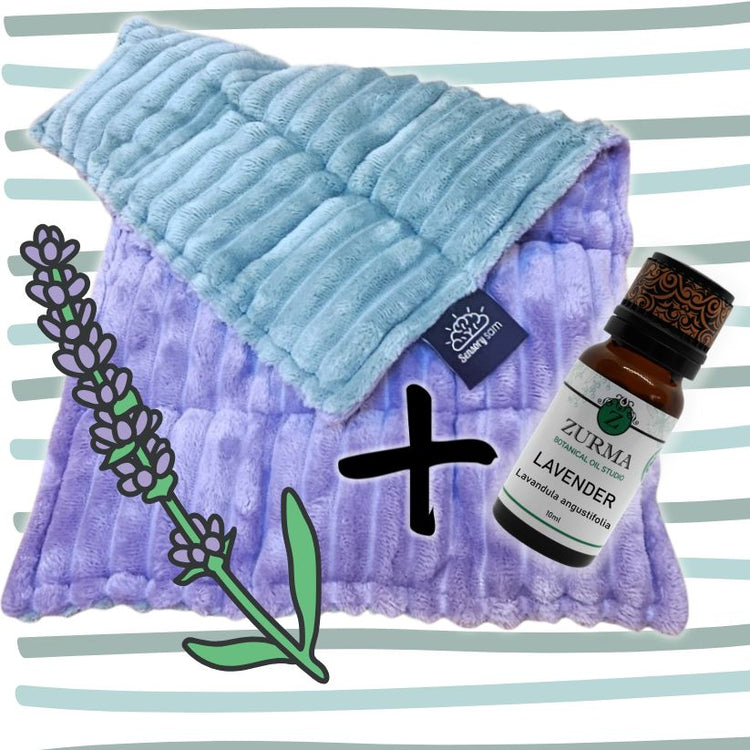 Purple and blue textured pillow with a bottle of Zurma Lavender essential oil on a striped background.