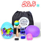 Assorted sensory toys including a colorful ball, a black drawstring bag with &