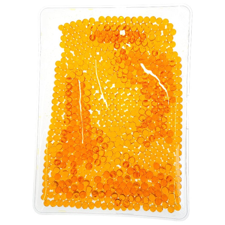 Orange sequins inside a clear rectangular gel shape on a white background.