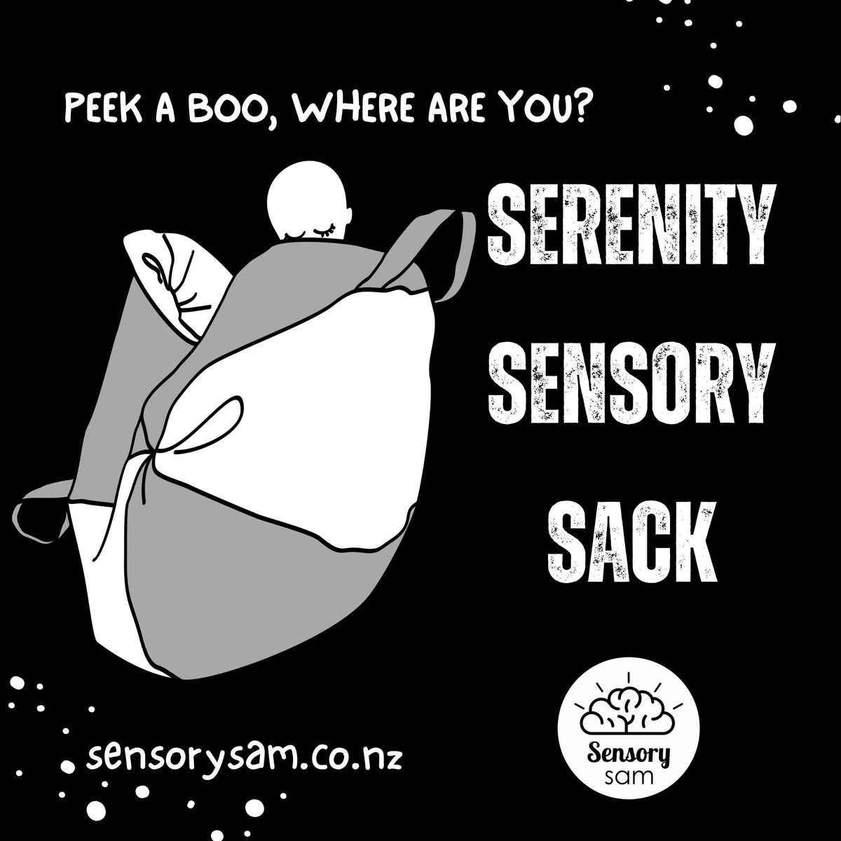 Black and white Serenity Sensory Sack graphic showing a person inside the sack.