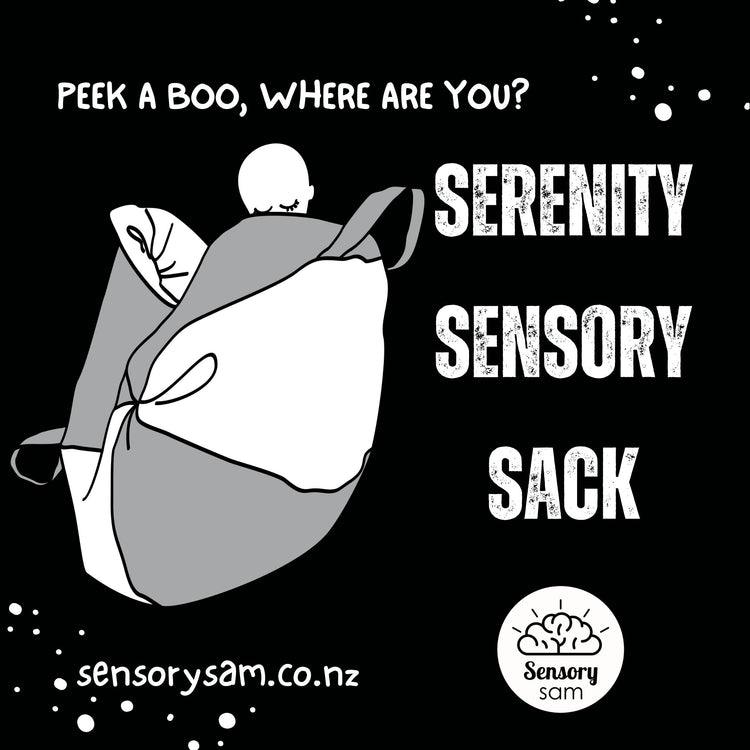 Black and white Serenity Sensory Sack graphic showing a person inside the sack.