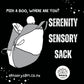 Black and white Serenity Sensory Sack graphic showing a person inside the sack.