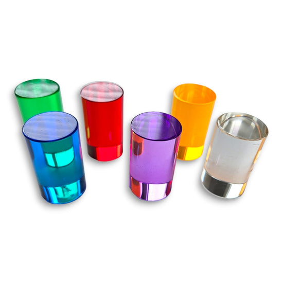 Six spare acrylic light wall rods in blue, green, red, purple, orange and clear.