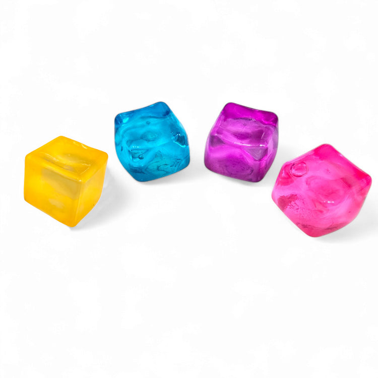 Four colorful dice on a white background