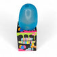 Blue squishy sensory toy with packaging on a white background