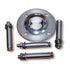 A set of swing hardware including a stainless steel baseplate and four dynabolts laid out on a white background.