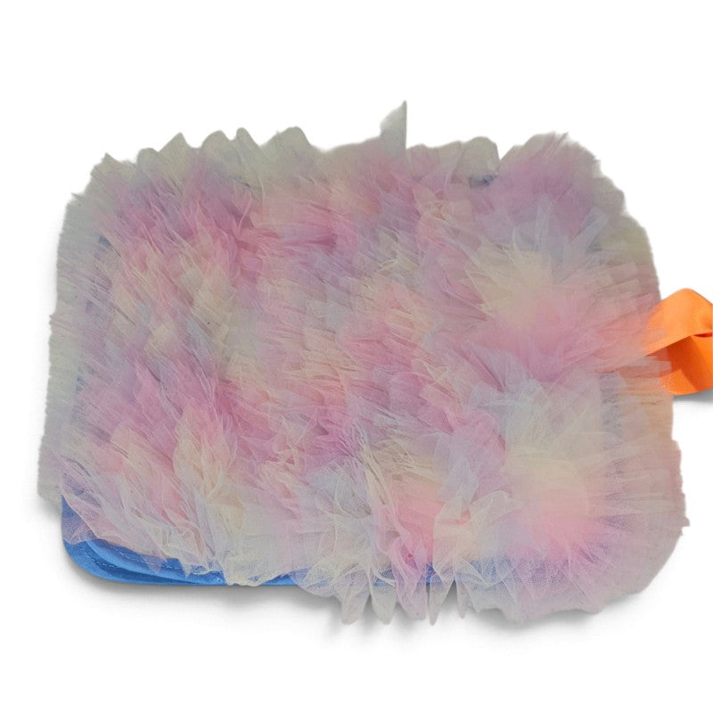 Texture Discovery Book page covered in layered pastel pink, lavender and cream tulle.