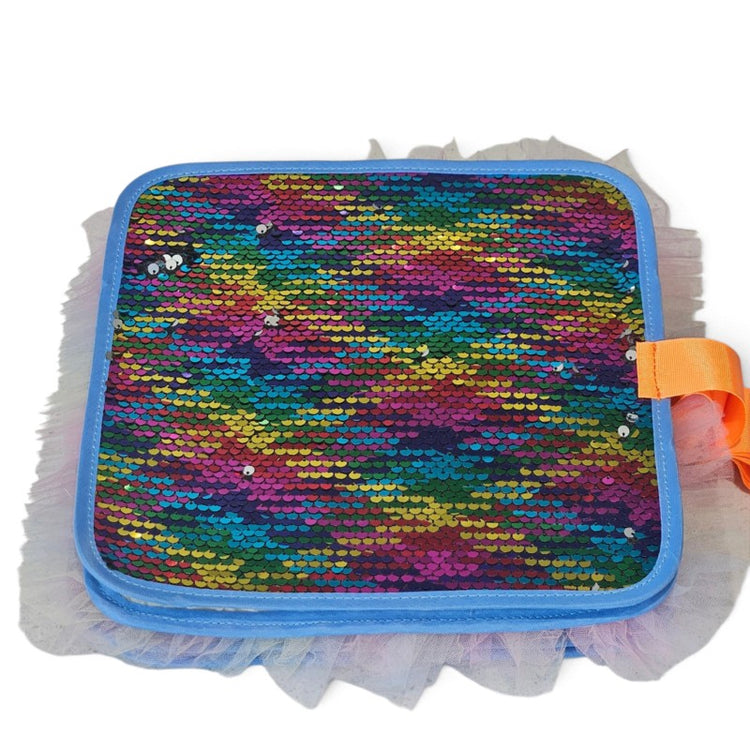 Rainbow reversible sequin page with blue edging and pale ruffles from the Texture Discovery Book.
