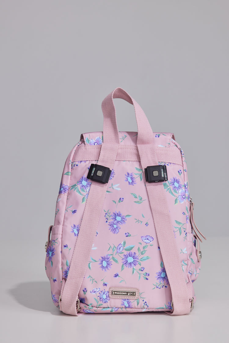 Pink floral backpack on a gray background