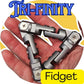 A triangular palm-sized silver fidget toy with visible screws on its folding mechanism, held in a person&