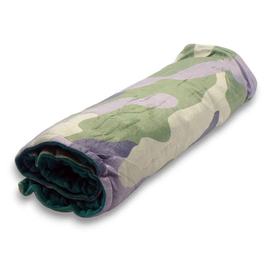 Rolled camouflage weighted lap pad in green, brown and grey.