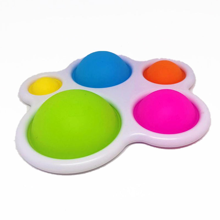 A colorful tactile fidget toy featuring multiple-sized bubbles in green, blue, orange, and pink, set on a white background.