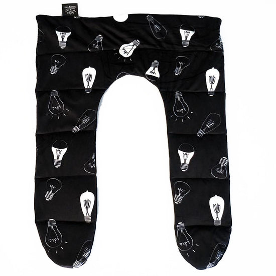 A black weighted shoulder hugger with a pattern of white light bulb designs, designed to be wrapped around the shoulders.