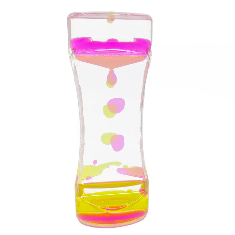 A portable bubble timer with multicolored liquid inside, designed to be used like a lava lamp.