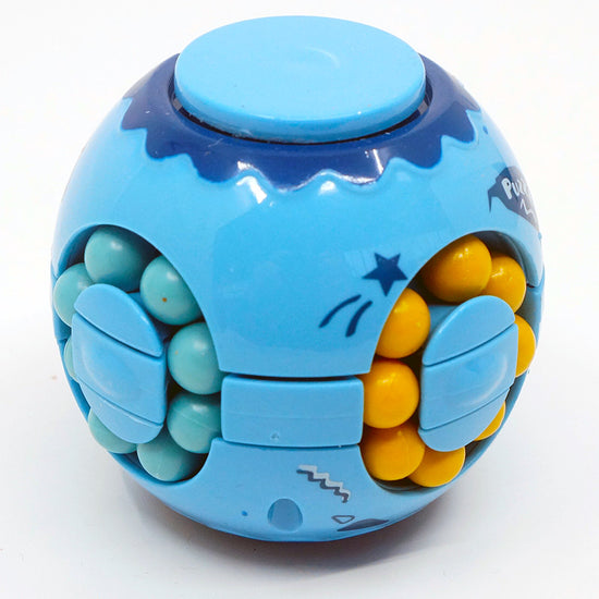 A blue and yellow burger-shaped fidget puzzle spinner with multiple layers of beads.