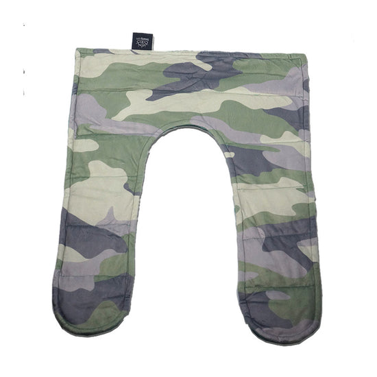 A camouflaged weighted shoulder hugger designed to rest on the shoulders, with a pattern typical of military camouflage uniforms.