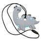 A chewable necklace featuring a dinosaur shape with a smiling face, blue spots, and a gray body on a black cord with a breakaway clasp.